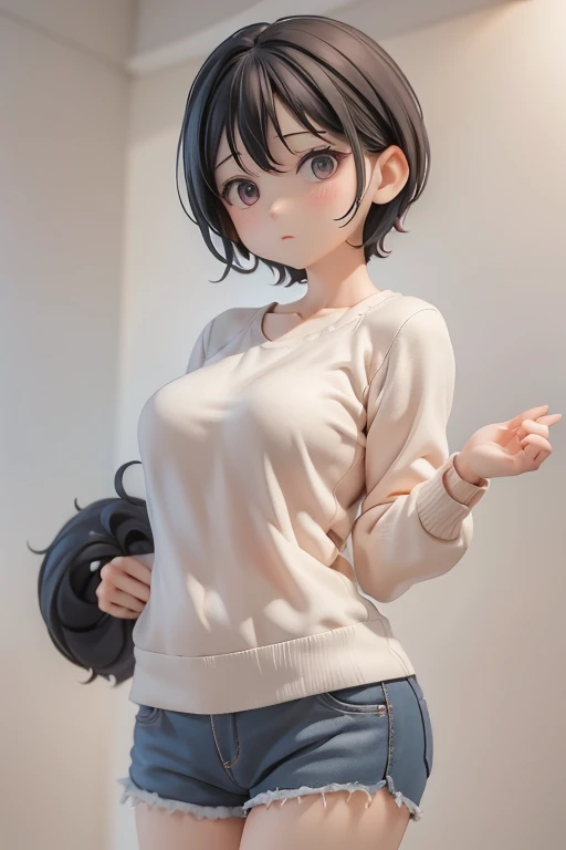 30-year-old woman、Mother,Married women,,Black Hair,Shortcuts、Short Hair、Small breasts、Small breasts、Casual wear、Calm appearance、sweater、shirt、Clothing Pattern、Clothing design、whole body、