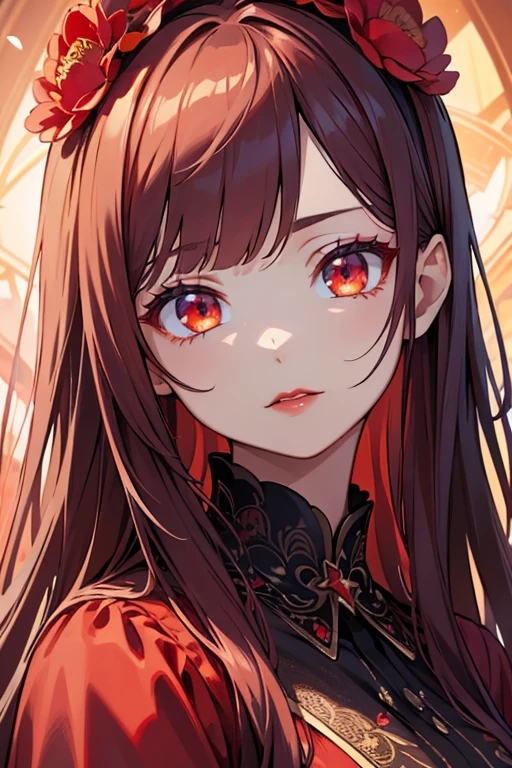 (masterpiece),(best quality:1.0), (ultra highres:1.0), detailed illustration, 8k, anime, 1girl, beautiful anime girl, wearing a red dress, flower crown, pretty face, detailed face, beautiful eyes, detailed eyes, dark red eyes, bright red lips, red lipstick, beautiful stylish hair, highlights in hair, bangs anime style, best quality, vibrant