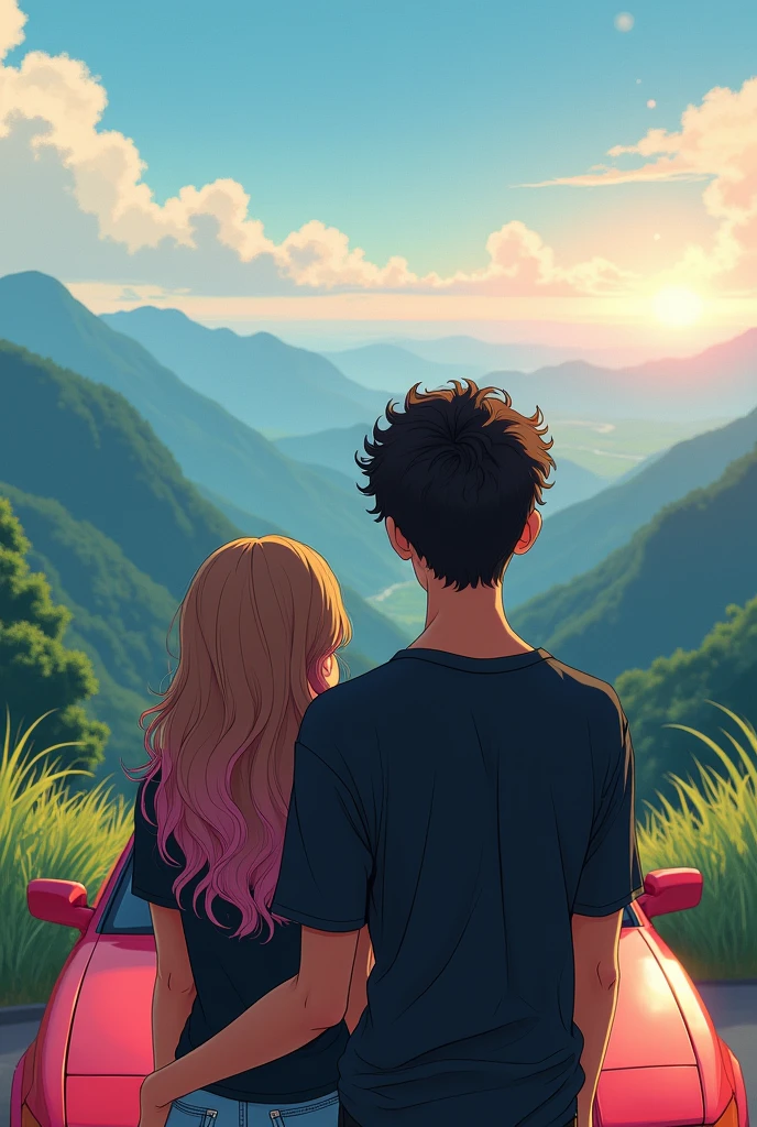 Couple leaning against a white 1995 Honda Civic coupe, envisioning a beautiful landscape. The husband is BLACK, has 1.73 tall and weighs 64kg. He has curly BLACK hair and dark brown hair cut like a jackfruit, dark brown eyes and black loose shirt. the woman is white, has 1.59 tall and weighs 46kg. She has straight light brown hair with pink highlights.. Japanese anime style photo.
