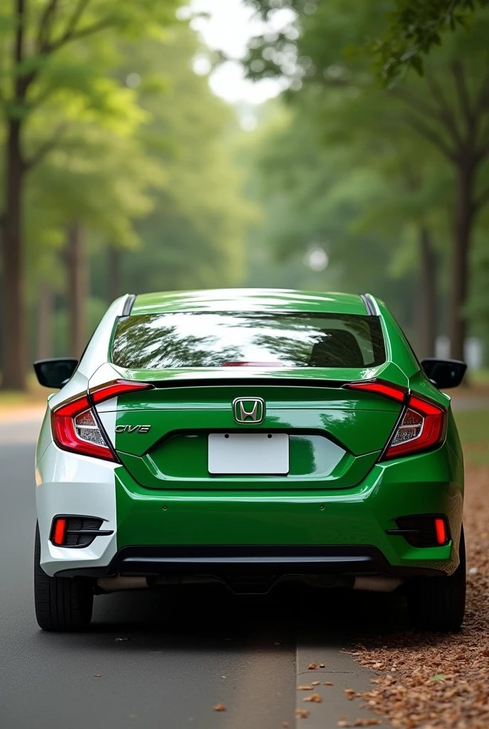 A Honda civic 2020 the car should have Pakistan flage (green and white) color all over the car in trees realistic full cross picture more real 8k resolution and picture from back side