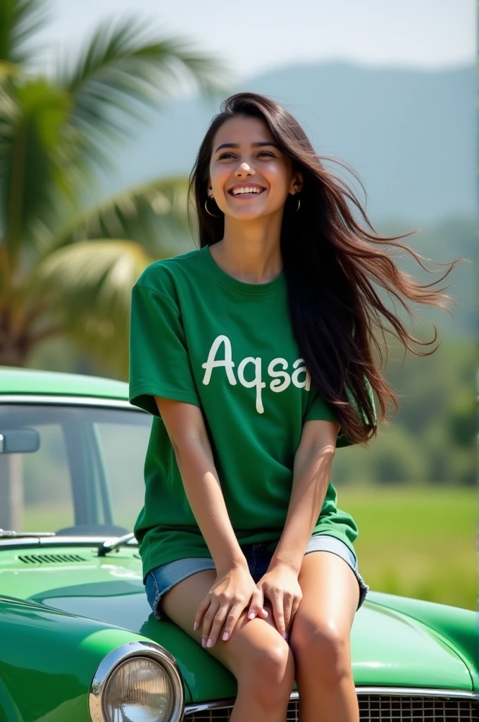 A person worn Pakistan green T-shirt with name Aqsa shirt of girl with uperr sitting on green car 