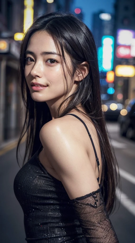 Black see-through dress with exposed shoulders, dark city night view, (Photoreal:1.4)、(hyper realistic:1.4)、(realistic:1.3)、(soft lighting:1.05)、(Cinema lightingQuality improvement:0.9)、32K、1 girl、21 year old beauty、night portrait、ray tracing、(Quality improvement:1.4)、(Top quality real textured skin:1.4)、finely tuned、detailed face、good eyes、(Improves the beauty of skin texture.:1.1)、realistic skin texture, Ayaka Miyoshi, tired face, ((A slightly smiling face. :1.2))