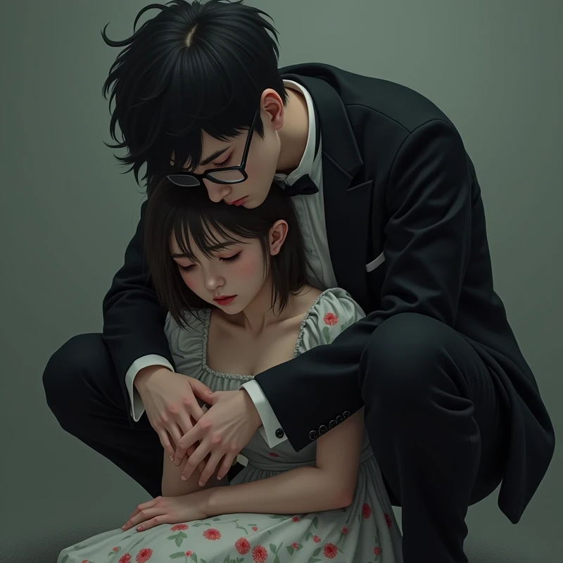  a 20-year-old male with dark fadeout hair and glasses, wearing tuxedo outfit , he's crouching down behind a sad female wearing floral dress. he's behind her. huggin. He's squatting down behind her
