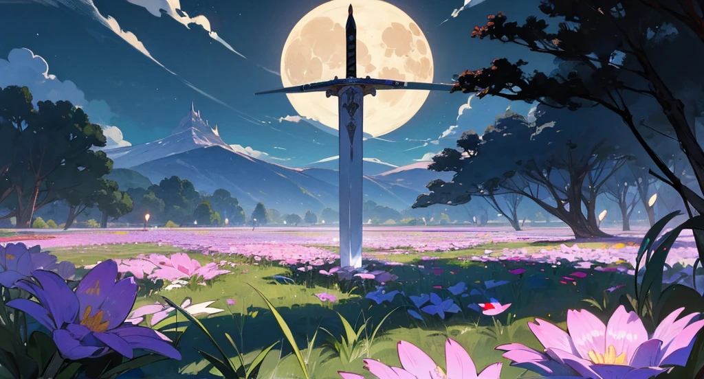 A legendary sword stick in the ground under the moonlight at night with a full moon in the middle of a flower field