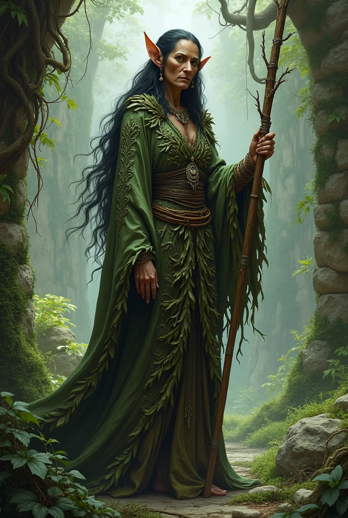 Create a dungeons and dragons character image of an older female tribal elve mage with light brown skin, small lips, pointed ears long unkempt wild black hair in a brown and green robe made of leafs holding a wooden staff in ruin in a forest