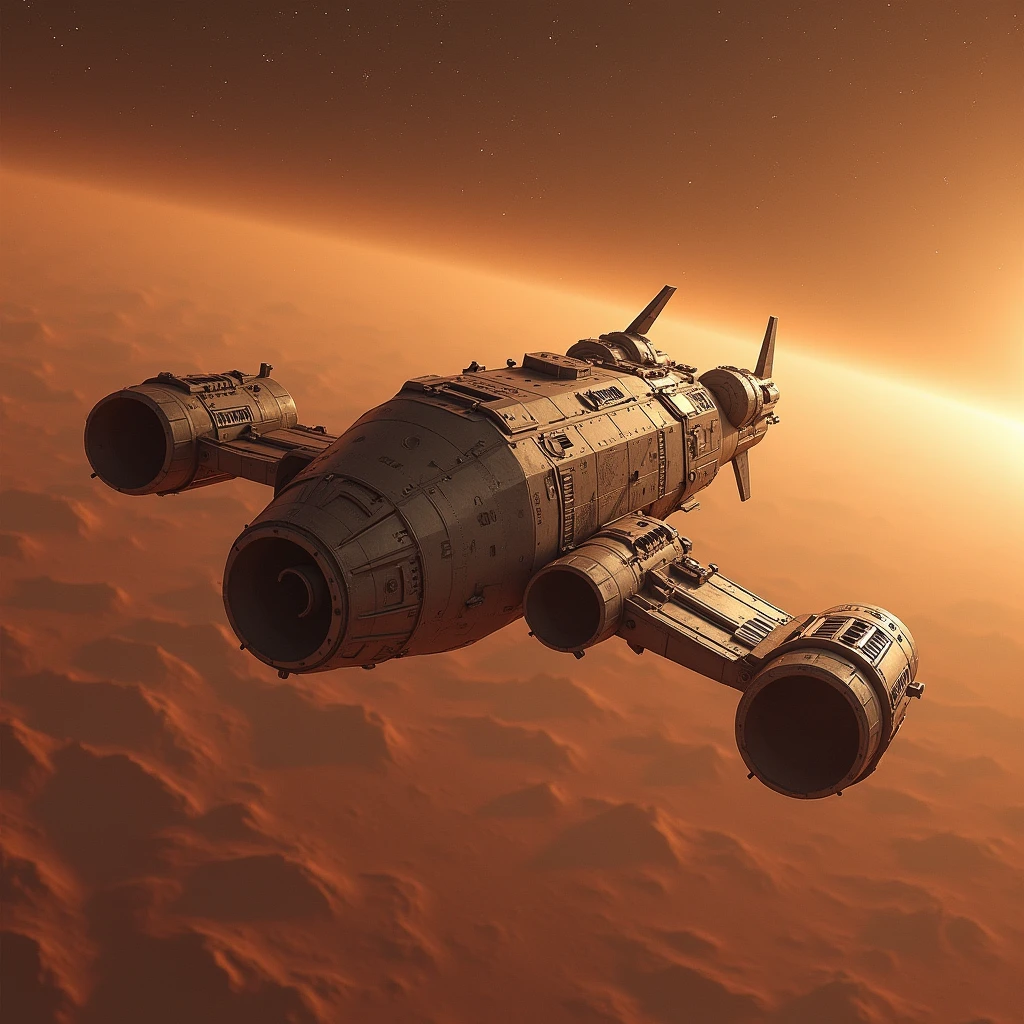 Supply carrier, shuttle ship, science fiction, low technology, Mars, satellite orbit, realistic, precision, masterpiece