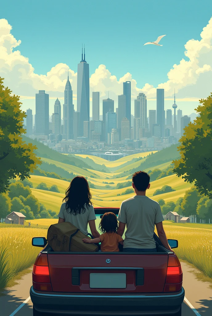 Family leaving the city and going to the country Puts the city behind them and the country in front
