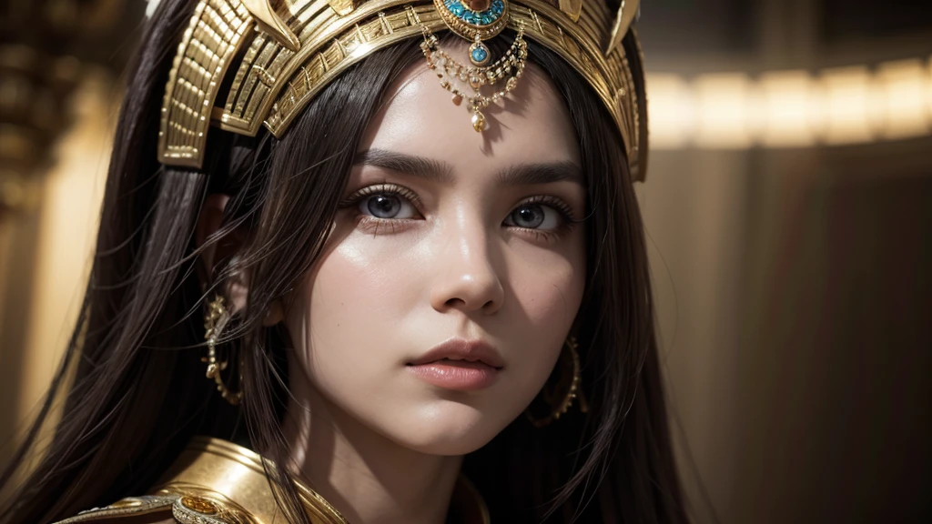 a beautiful egyptian pharaoh woman, detailed face and expression, ornate gold headdress and jewelry, intricate patterned dress, regal and powerful pose, dramatic lighting, cinematic composition, photorealistic, 8k, high quality, digital art