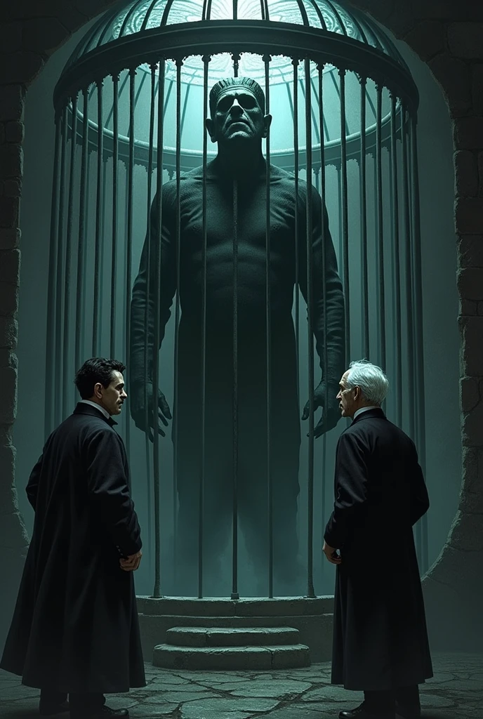 image with Frankenstein inside a large cage, with a dark and robust appearance, indicating that it is made to contain a powerful creature. Out of the cage, Nikola Tesla will be on the left side, with his mustache and typical clothing, e Michael faraday ( white hair) and older, a more classic looking man, will be on the right. Tesla will look confused, asking Frankenstein"Where is Aldini??" as Frankenstein watches the scene from inside the cage. The image will have a dark and scientific mood., reflecting the tension and mystery of the situation