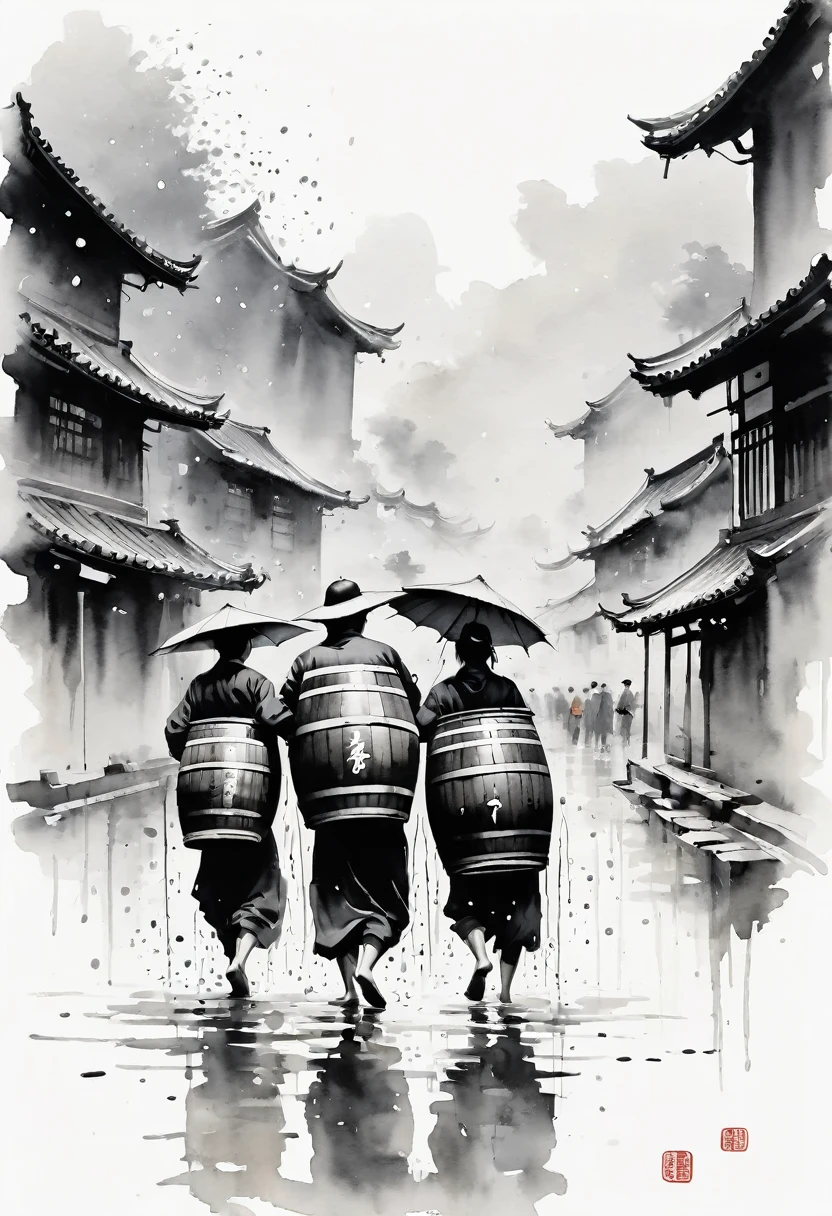 Sake barrel、中国Ink Painting, Gray and white, Minimum,White Background,Waterway, Minimalism, Huge negative space, Ink Painting, Abstract,heavy rain,People dancing in the rain