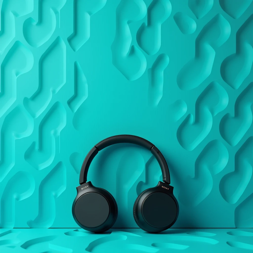 Sony headphones with a patterned turquoise background and a place to write text