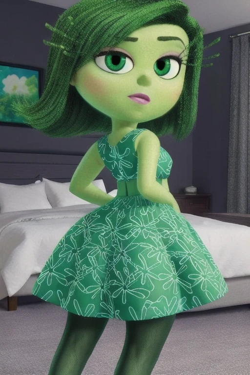 MASTER PIECE, anatomically correct, masterpiece, best high quality, RAW Photo, perfect anatomy, 4k, quality lighting, detailed hands, detailed feet, detailed eyes, solo, female character, green dress, wear mini skirt, focus black high heels, green hair, green skin, thick thighs, wide hips, medium breasts, bedroom, open legs, black pantiehose, HANDS ON THE HIPS, FOCUS SHE IS SHOWING HER ASS. BACK VIEW. ASS VISIBLE.