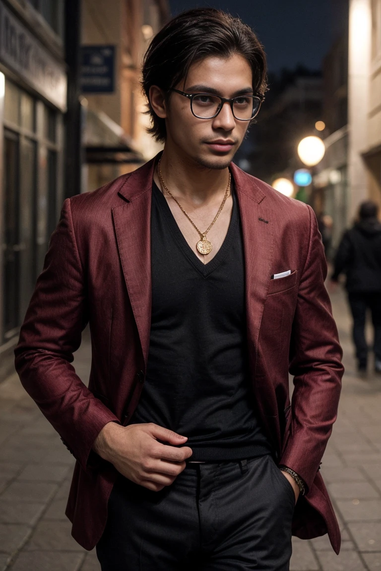 attractive mysterious northeastern Brazilian man with elegant formal attire in a red suit that fits perfectly on his fit physique with well-groomed modern hair with glasses and a gold necklace , on a university campus , the night