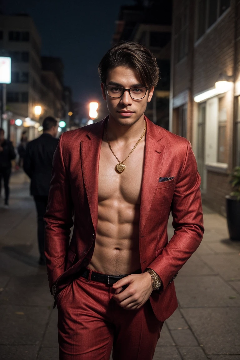 attractive mysterious northeastern Brazilian man with elegant formal attire in a red suit that fits perfectly on his fit physique with well-groomed modern hair with glasses and a gold necklace , on a university campus , the night 