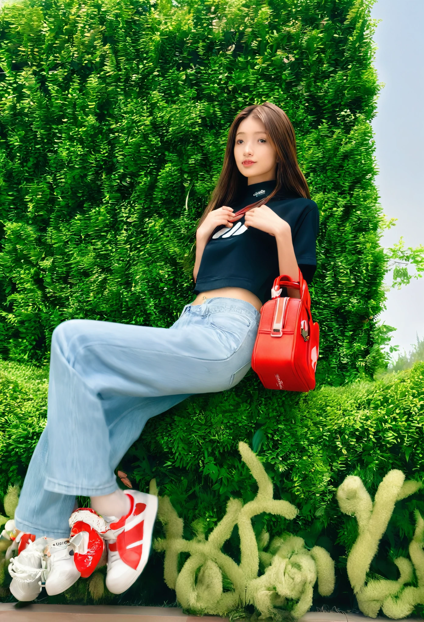 MIKI, 19yo Korean Girl, long dark hair, black Adidas crop top and baggy light blue jeans, posing outdoors in front of a lush green hedge. She is holding a red Adidas handbag adorned with a cute Hello Kitty keychain. The shot is captured from a slightly low angle, emphasizing her confident and relaxed pose. The camera is positioned at a mid-range distance, creating a balanced composition that includes both the subject and the background. The lighting is natural, with soft sunlight casting gentle shadows, highlighting her face and outfit without harsh contrasts. The photo appears to be taken with a DSLR camera, possibly a Canon or Nikon model, using a wide aperture (f/2.8 or f/3.5) to create a shallow depth of field, keeping the focus on the subject 