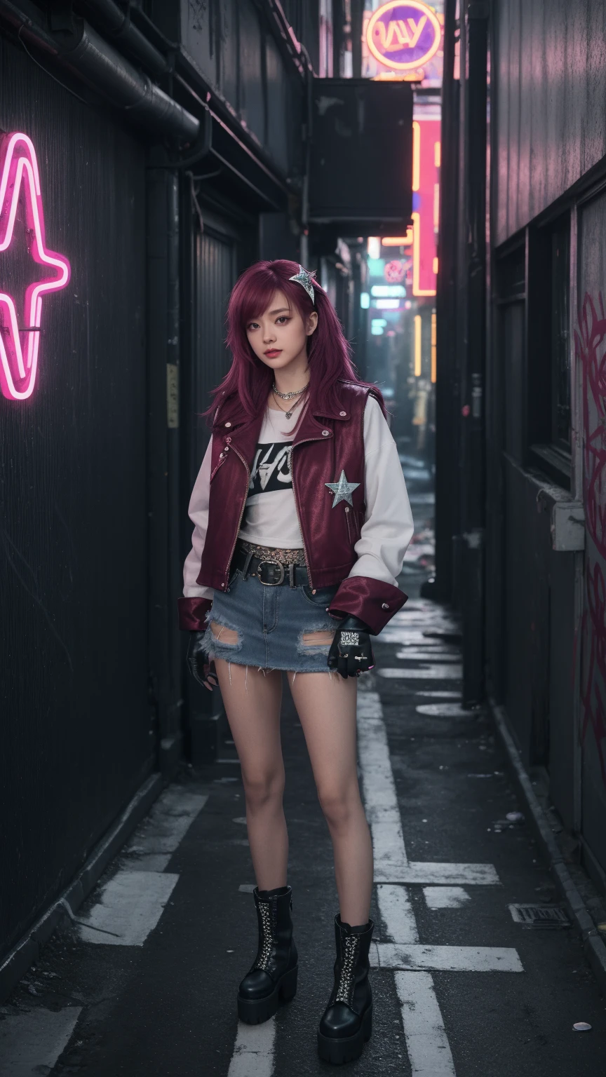 A girl posing in a grungy, neon-lit urban alleyway. Red maroon half hair, The girls wear edgy streetwear, jeans denim skirt, fur boots, glitter star hairclip, aesthetic top Y2K, vest, pearls and stars belt, half finger gloves, The alleyway is dark and atmospheric, with graffiti-covered walls and glowing neon signs, grungy aesthetic, high angle, night