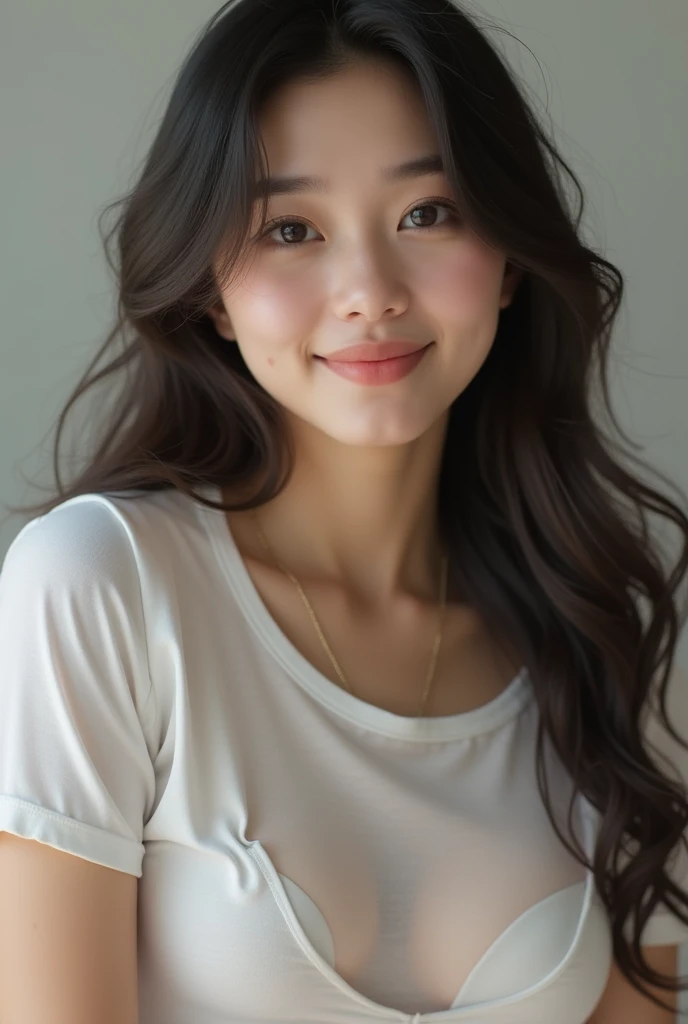 Bra removed、A beautiful Japanese woman in her early twenties with erect nipples visible through her white T-shirt、I have long hair、smile、