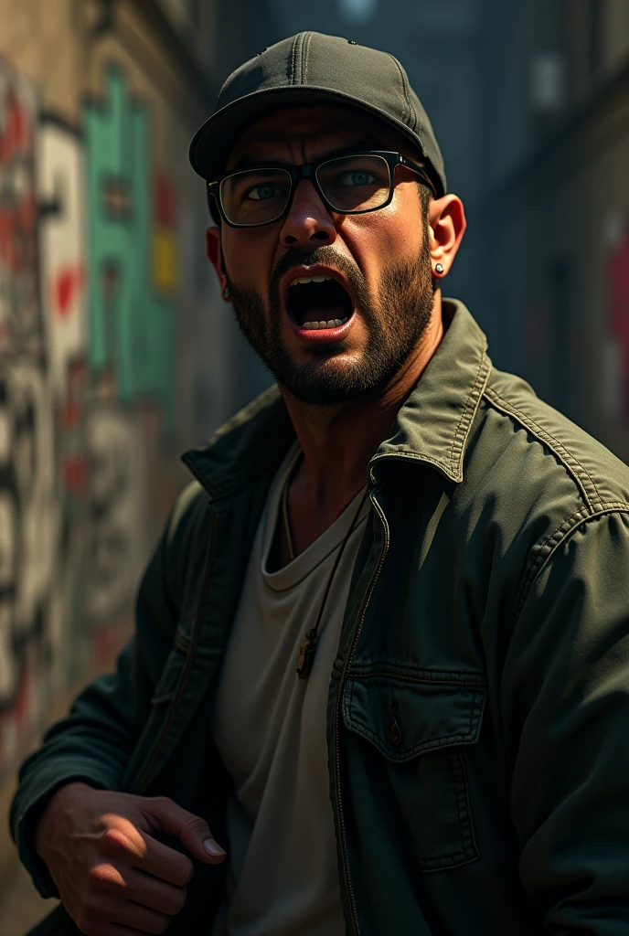 ((best quality)) man with glasses and cap shouting looking back,,(gta)