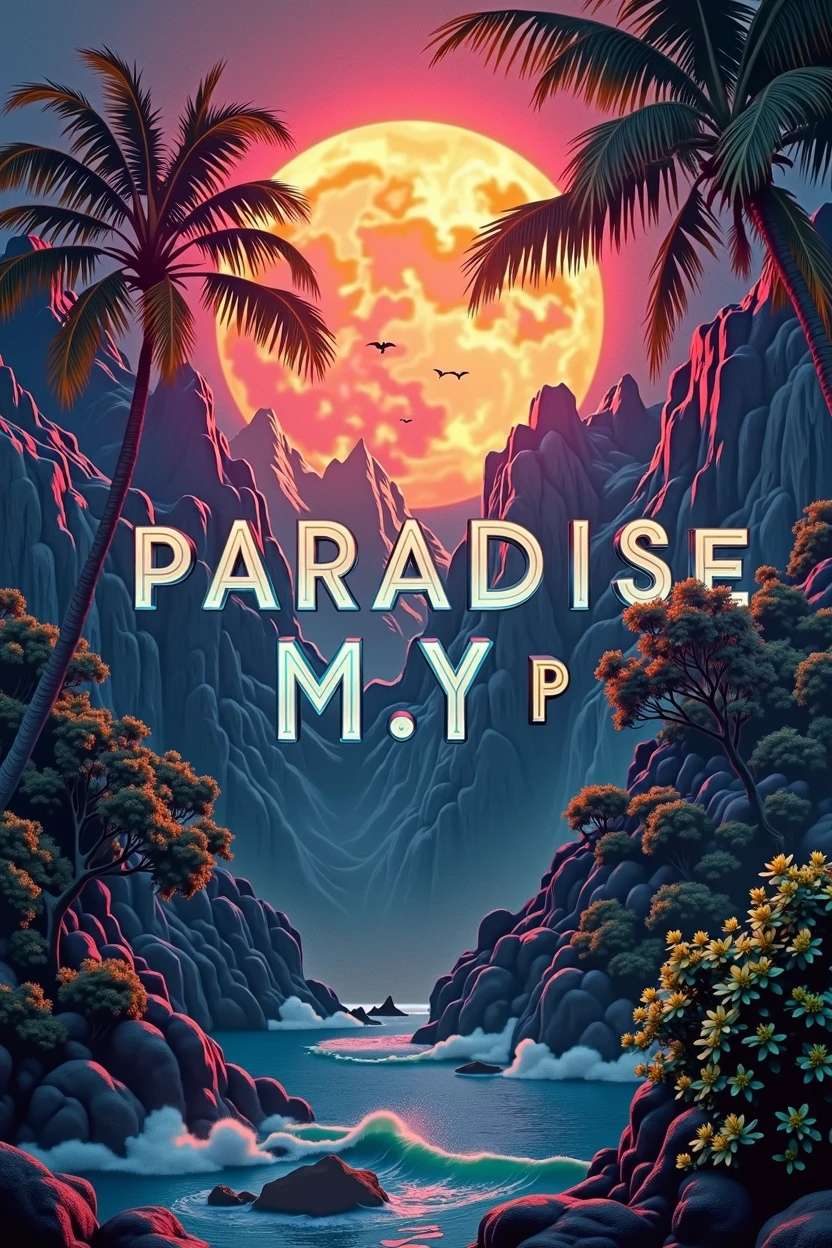 Art posters with text, Aesthetically pleasing contrasts are layered on the background, The dawn of a new era of imaging, Insert text into image, (text:"pARADISE M.Y.p") the word, poster with text, /( pARADISE M.Y.p /) charachter, paradisaical