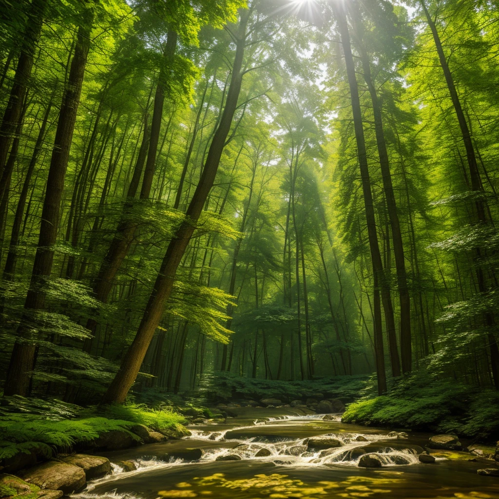 Viral anime nature wallpaper in 4K quality, in the style of digital illustration inspired by Hayao Miyazaki, featuring a serene forest with towering ancient trees, dappled sunlight filtering through the leaves, a gentle stream flowing through the scene, and mystical creatures peeking from behind the foliage; vibrant and warm color temperature, cosmos lighting with stars twinkling in the sky, no human characters, the atmosphere is tranquil and enchanting –v 5 –stylize 1000