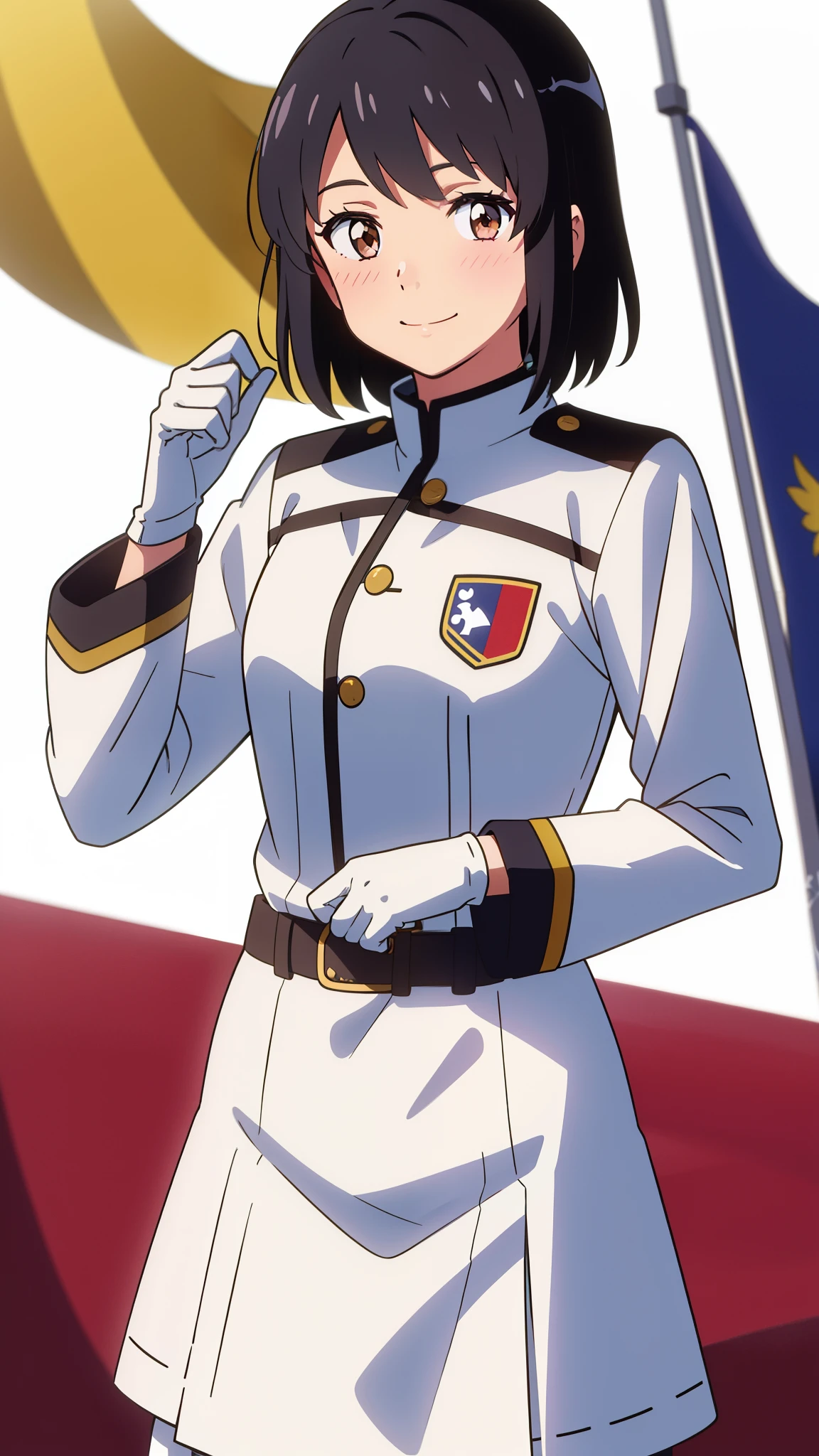 shinkai makoto, kimi no na wa., 1girl, solo, bangs, black hair, brown eyes, short hair, cute, smile, blush, The flag-raising outfit, white shirt, white skirt, long sleeves, white gloves, looking at the viewer, white background, (masterpiece), best quality