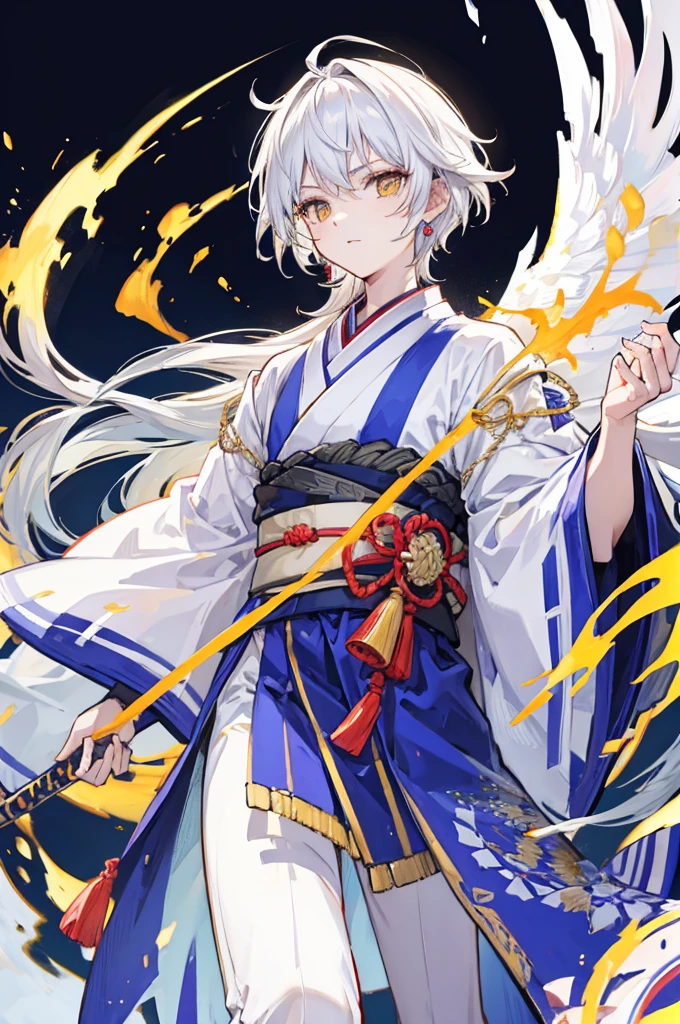 high quality, 16K, masterpiece :1.3　Ultra High Resolution　　No abnormalities in detail　Detailed face　　Male　neutral　cool　Small stature　White hair reaching down to the eyes　Yellow Eyes　kimono　Carrying a Japan sword on his waist　Tight eyes　Wearing earrings　Male　laughing　Black and white kimono　ephemeral　The whole body is visible　boyish　No background　Magical Beauty　Male　顔がcool　