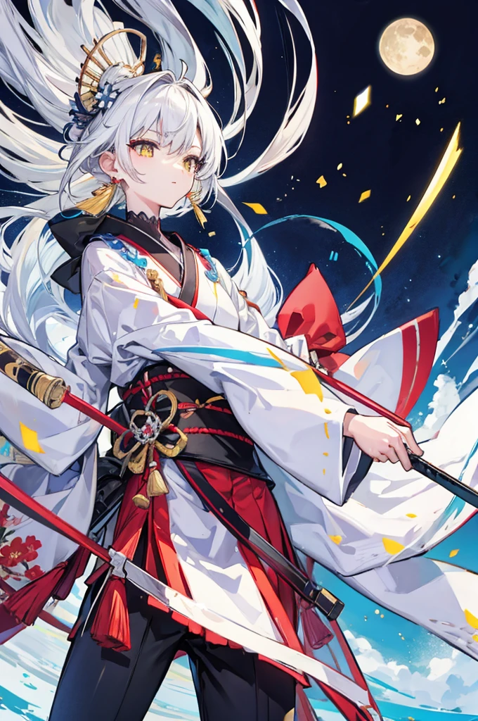 high quality, 16K, masterpiece :1.3　Ultra High Resolution　　No abnormalities in detail　Detailed face　　Male　neutral　cool　Small stature　White hair reaching down to the eyes　Yellow Eyes　kimono　Carrying a Japan sword on his waist　Tight eyes　Wearing earrings　Male　laughing　Black and white kimono　ephemeral　The whole body is visible　boyish　No background　Magical Beauty　Male　顔がcool　