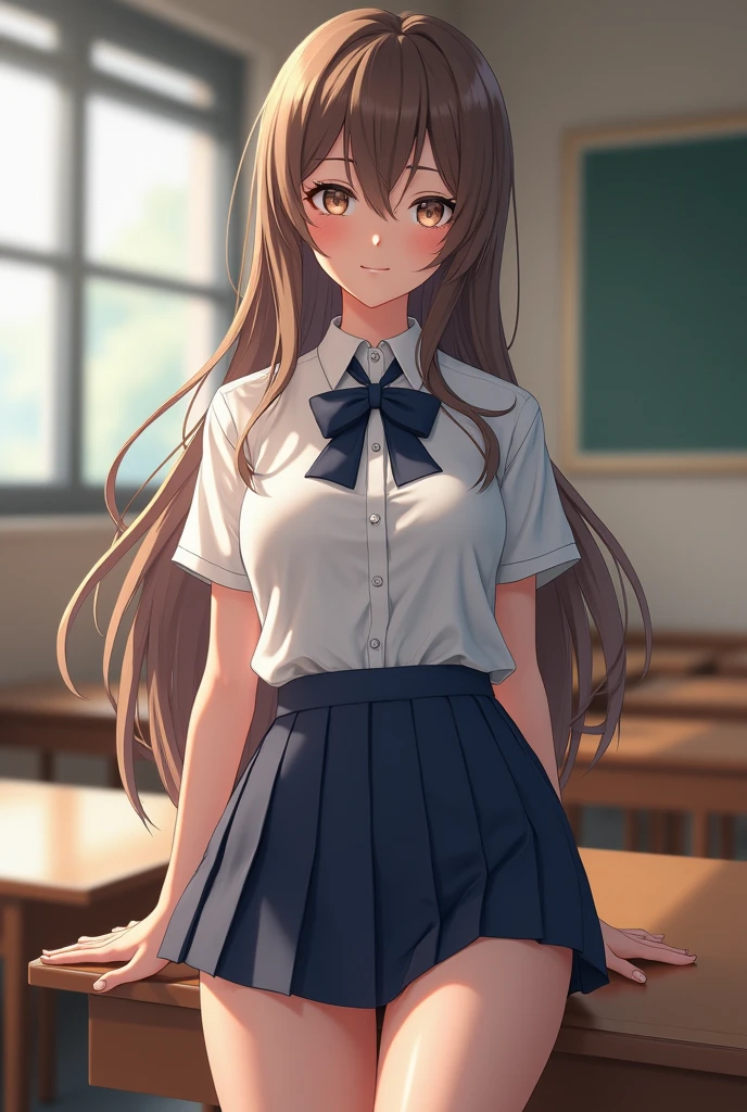 ((Highest quality)), ((masterpiece)), (detailed), 完璧な顔 非常にdetailedな CG Unity 8k 壁紙、Highest quality、非常にdetailed、masterpiece、reality的、Photorealistic、非常にdetailedなかわいい、、(High school students in Japanese uniforms)、((Shooting from the front:1.4))、((Navy blue high school girl bow tie:1.4))、blush、Cleft lip、Looking at the audience、Semi Body Shot、(Japan High School Designated Shoes)、(Navy blue short pleated skirt,:1.5)、(short sleeve white shirt for students)、 (Dark blue bow tie:1.2)、(Light brown long hair)、(Beautiful Face:1.3)、(Perfect Proportions:1.2)、(Long legs:1.2)、(Small breasts:1.3)、((Bra is sheer))、((Upper Body))、reality、
