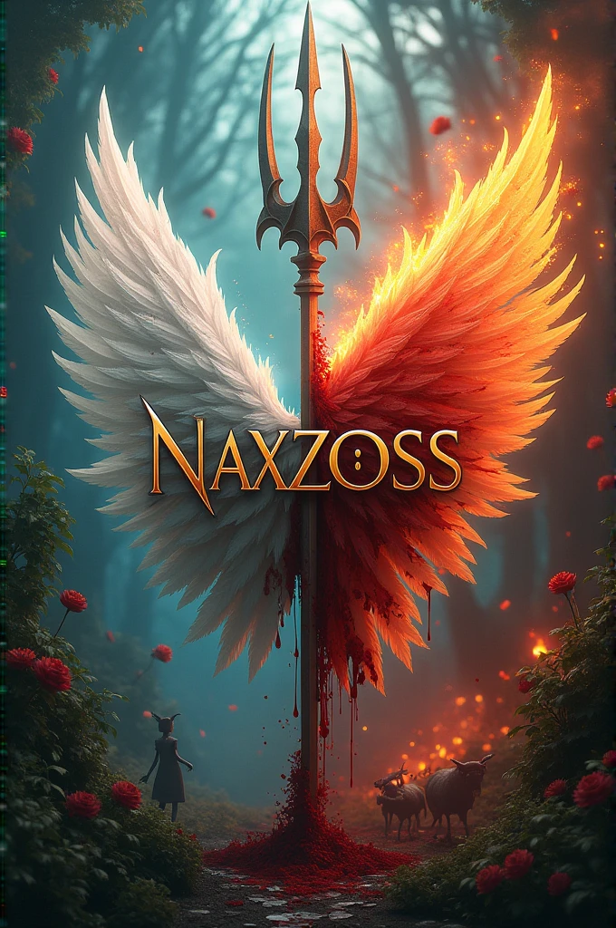 There is a white fantasy title "NAXZOSS" written on a half cutted white wing of a fairy. The wing is covered with blood and fire. The background is half fairy land where fairies & some flowers and half background is devil land where devils & skeletons. A half cutted trident and half cutted gun used in the title. A realistic, 3D, aesthetic, and fantasy poster.
