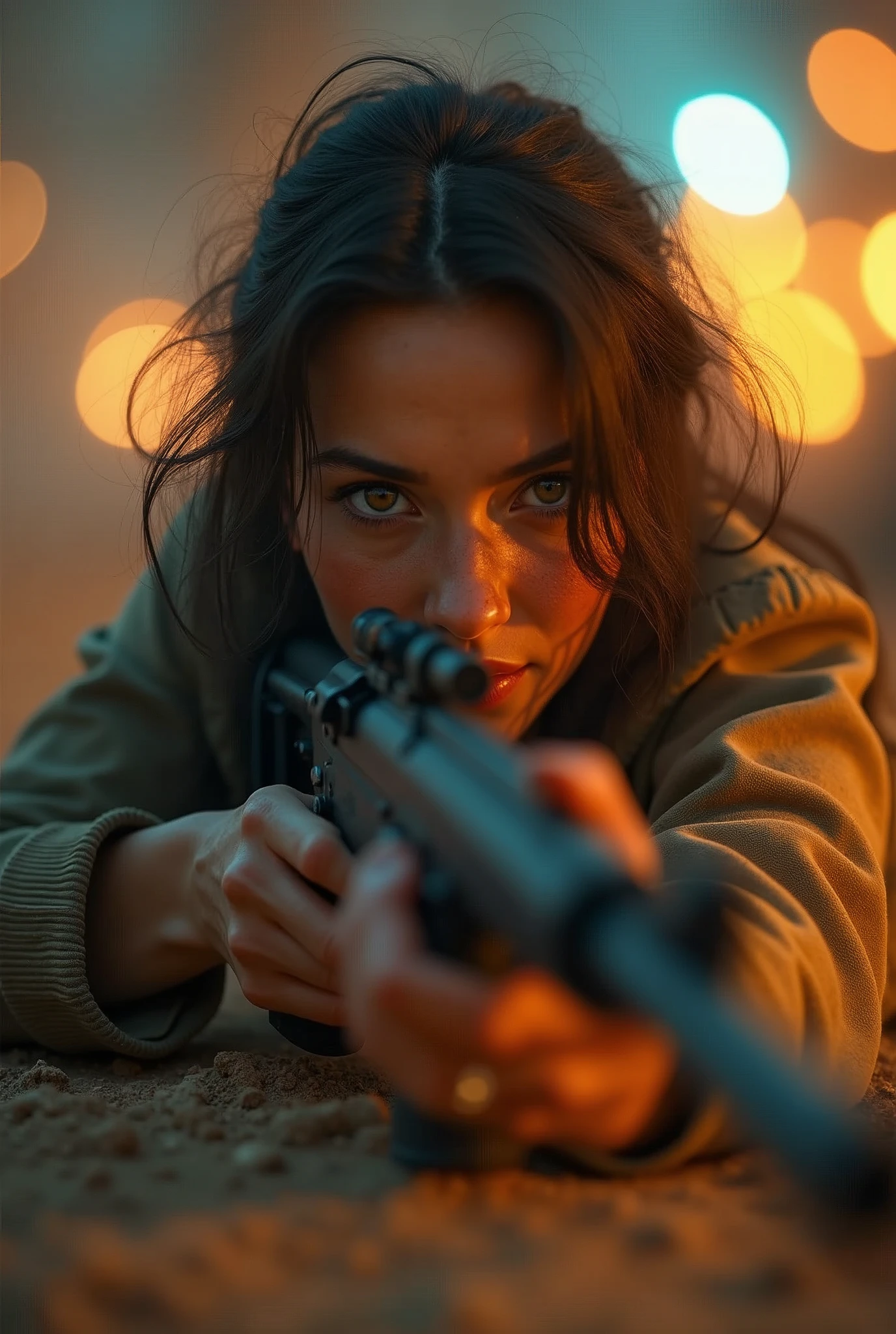 ((( masterpiece ))), (((Highest quality))), ((Very detailed)), (photograph), ((Very delicate and beautiful )), High resolution, One dirty soldier woman, Age 45, laying on the ground, holding a rifle. Aiming to a target out of the frame. front POV (Detailed eyes), (Detailed facial features), (Detailed Weapons), (Detailed fingers), (Leg details), (Eyes visible through hair), ((Drunk Eyes)), (Embarrassing :1.2), (Toothless smile), (((Fuller lips))), (Desert Scene), (Upper Body), Colonial beige coat, ((Dim Light)), ((Film Grain)), ((Single-lens reflex camera)), ((35mm lens focal length)). 

Cinematic lights. Masterpiece, best quality, 8K, photo realistic, wallpaper, wallpaper 8k, photographic contest winner, Hyperrealistic art cinematic film still photography in the style of detailed hyperrealism photoshoot. [Entire scene is surrounded by lights, evoking a magical and eerie atmosphere. The lighting is bright and atmospheric, with smoke adding a touch of sinister ambiance. Best quality image, HDR enhancement, showcasing the utmost level of detail and realism]. [8K, Best Quality, Ultra High Resolution, (highly detailed CG unity 8k wallpaper), (best photo), (best shadows), isometric 3D, octane rendering, ray tracing, highly detailed, (Best quality, 4K, 8k:1.2), absurdity, ultra detailed, (realistic, photorealistic, photorealistic:1.37), complex parts, HDR, (complex parts:1.12), (hyper detailed, hyper realistic, Soft lighting, spicy:1.2), (complex parts, Hyper detailed:1.15). Blurred foreground. (backlit), masterpiece, high quality, brightness, chromatic aberration, foggy smoke, shadows, contrast, clear sky, (warm hue, warm tone), high details, natural reflections].