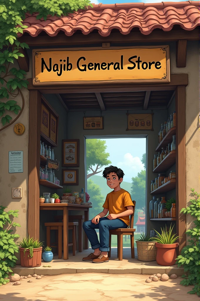 A boy age 18 year old sitting on his shop on the chair name of the sho is Najib general store in a small village