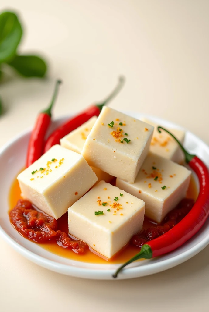 making a selling brosure tells about tahu selling with price IDR 20.000 get 10 pieces, the tofu surrounded with chili and petis