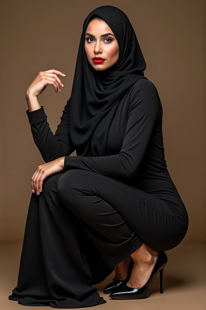 Hijab aunt with sexy body, beautiful big breasts, sitting squatting, wearing fullgar high heels