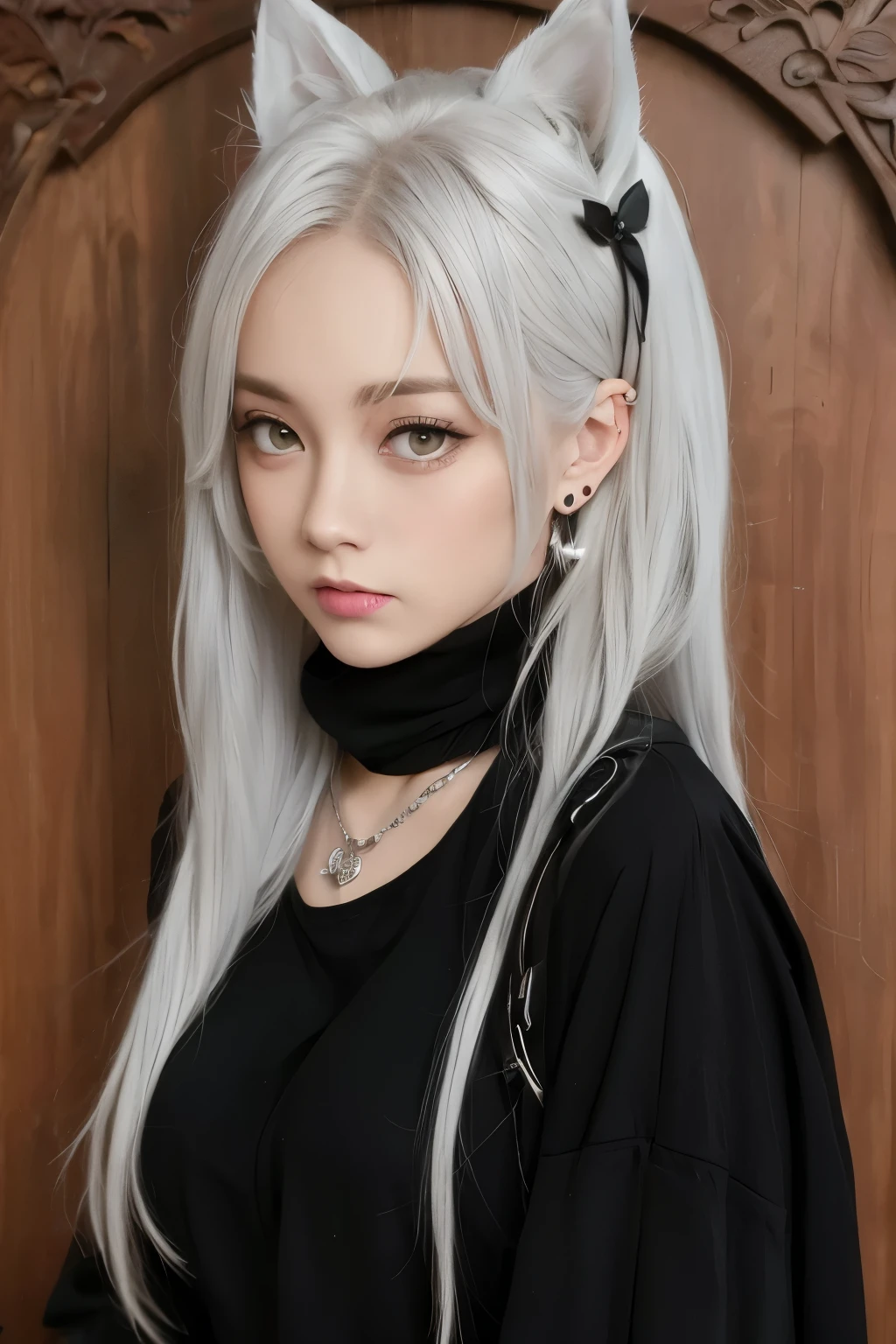 , giant, double tail, silver hair, Crow, Retro Gothic, stance, Beloved, Head up, high quality, necklace, ring, bracelet, earrings