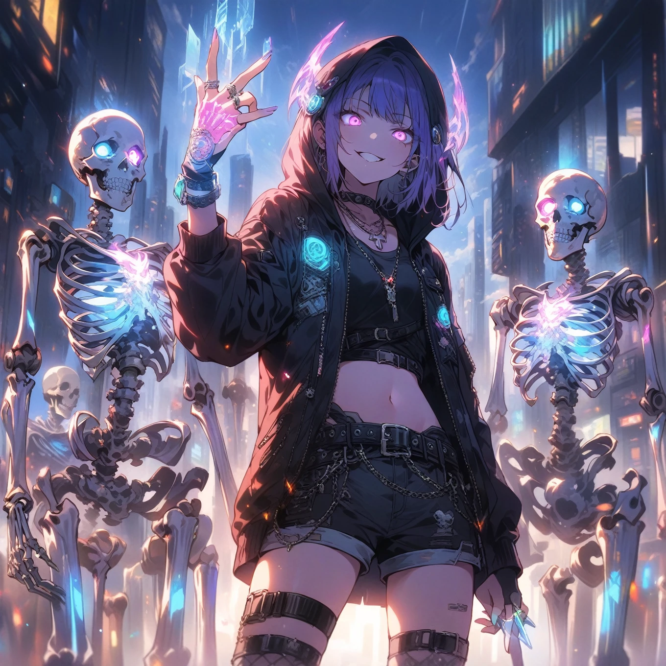 score_9_up, score_9, score_8_up, score_7_up, source_anime,masterpiece, best quality, high resolution, extremely detailed CG, absurdres, highres,In the cyberpunk city, several glowing mechanical skeletons are standing in front of a young girl. The girl, dressed in a punk-inspired outfit with a hooded jacket and neon headphones, raises her tattooed right hand, which is wearing silver jewelry and a silver ring, and glows with a magical light, 1girl, glowing, shorts, hood, navel, jewelry, fingerless gloves, belt, midriff, gloves, glowing eyes, jacket, tattoo, short hair, skeleton, necklace