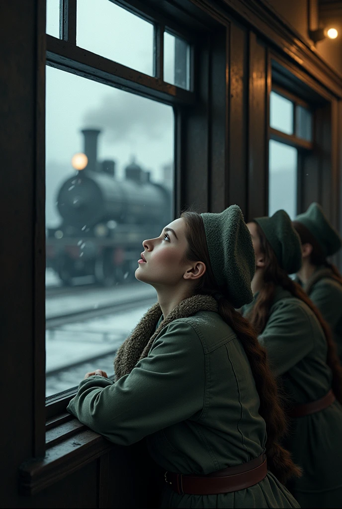 masterpiece, best quality,Soviet female soldiers，Steam locomotive interior，Lie on the window，Looking up，World War II，TRAIN STATION，About to travel，dimly lit scene，Dim Lights，Snow