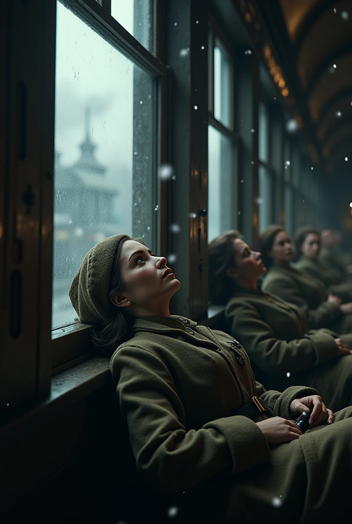 masterpiece, best quality,Soviet female soldiers,Steam locomotive interior,Lie on the window,Looking up,World War II,TRAIN STATION,About to travel,dimly lit scene,Dim Lights,Snow
