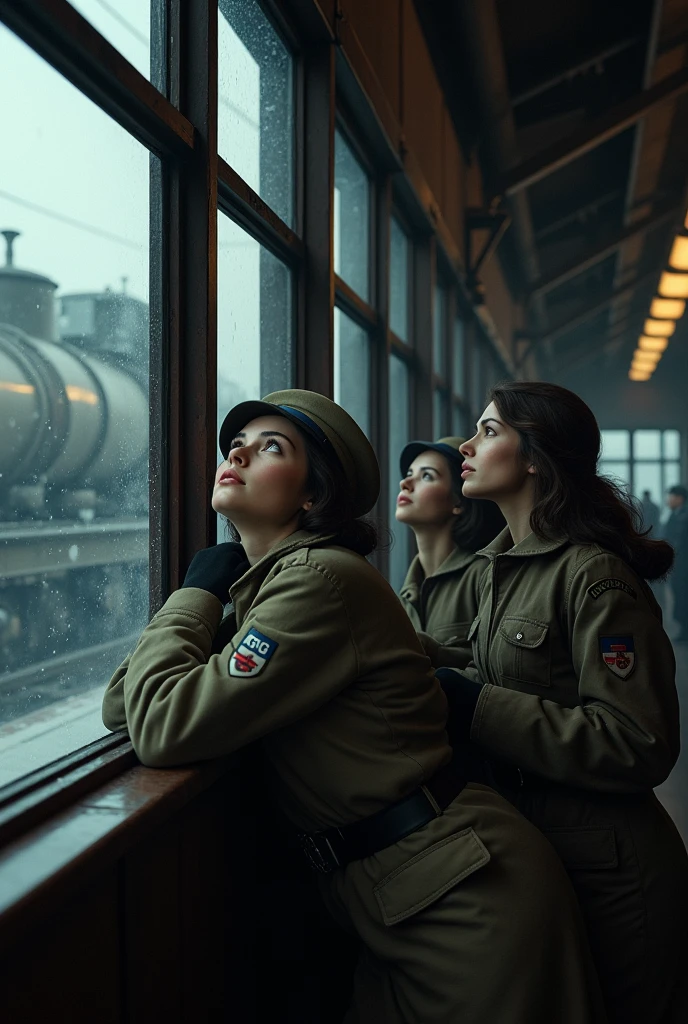 masterpiece, best quality,Soviet female soldiers,Steam locomotive interior,Lie on the window,Looking up,World War II,TRAIN STATION,About to travel,dimly lit scene,Dim Lights,Snow