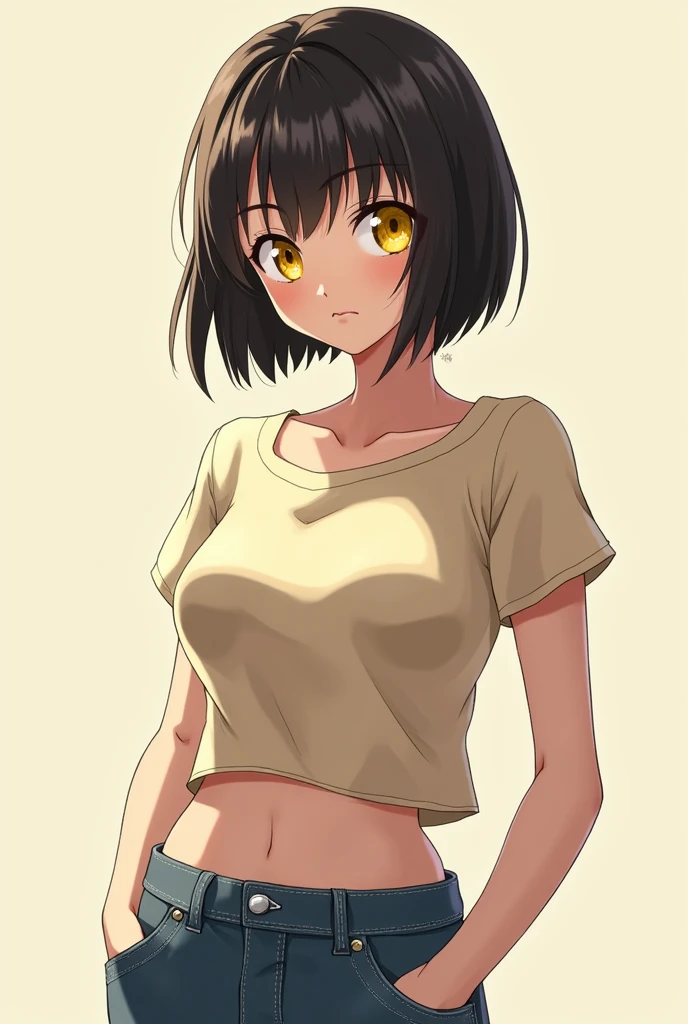 short hair girl (That reaches the middle of the neck) yellow eyes, wears clothes from the 2000s. anime style.