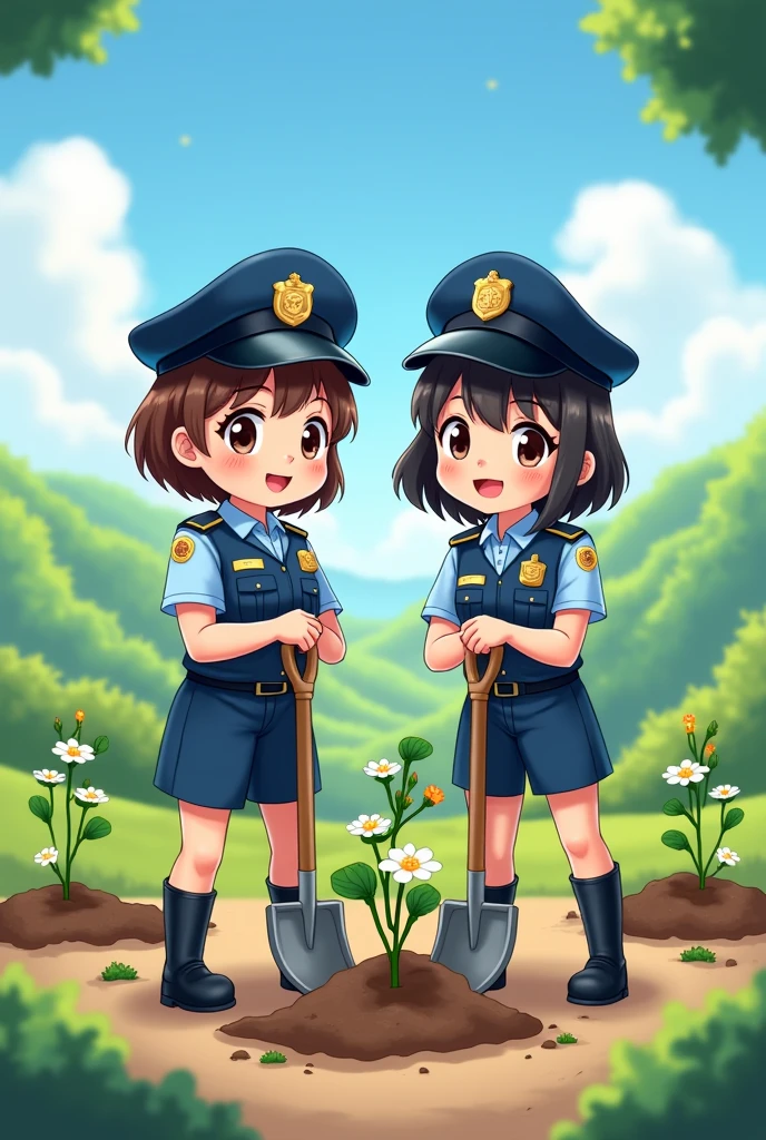 Two police army cute s planting trees
