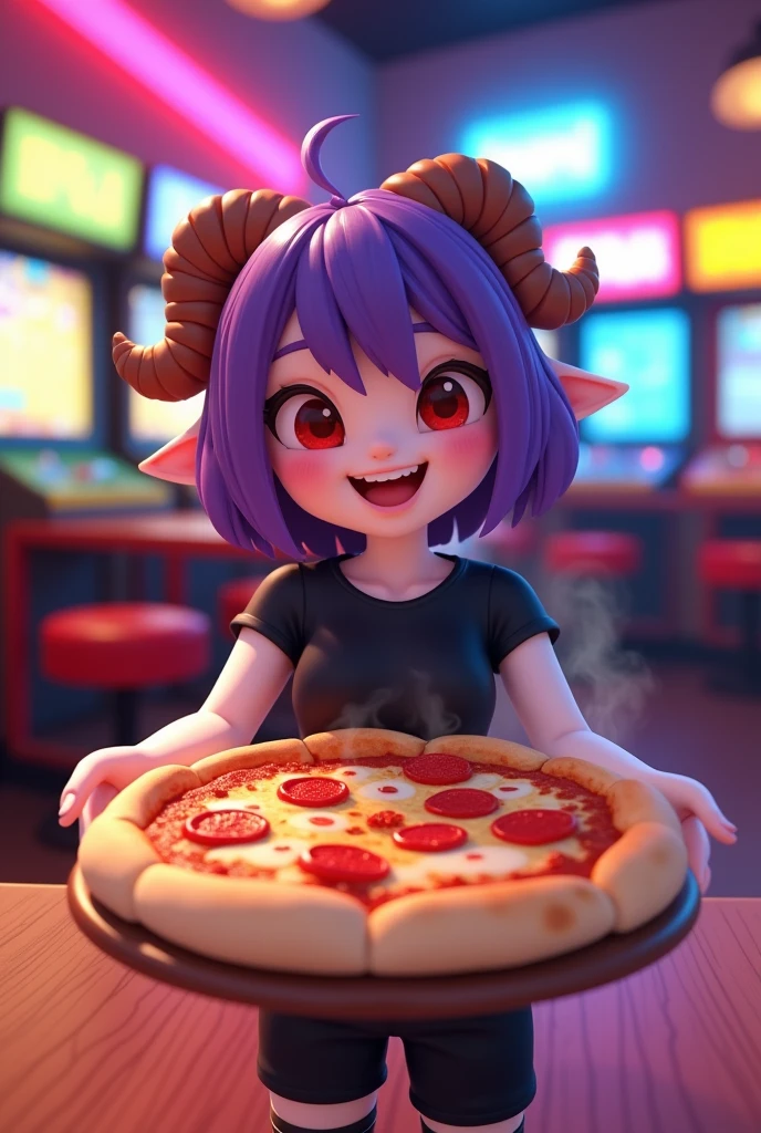 create a roblox game style masterpiece GFX, colorful and striking of a vermeil style girl but with white skin, with small ram horns, short purple hair, Red eyes, Elf's ears, an all black top and black shorts with stockings. expression of happiness, smiling, putting a Neapolitan pizza on the table. The pizza is boiling and steam is coming out, The place is a pizzeria , with neon lights and arcade machines