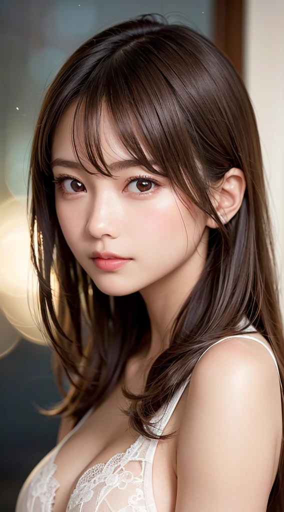 1girl in, (Best Quality:1.4), (Ultra-detailed), (Detailed light), (extremely detailed beautiful face), Amazing face and eyes, Brown hair, Brown eyes, Beautiful sheer lace details, Beautiful breasts, , Best Quality, extremely detailed CG unified 8k wallpaper, High-definition raw color photos, professional photograpy, Dynamic lighting, (((Bokeh))), depth of fields,