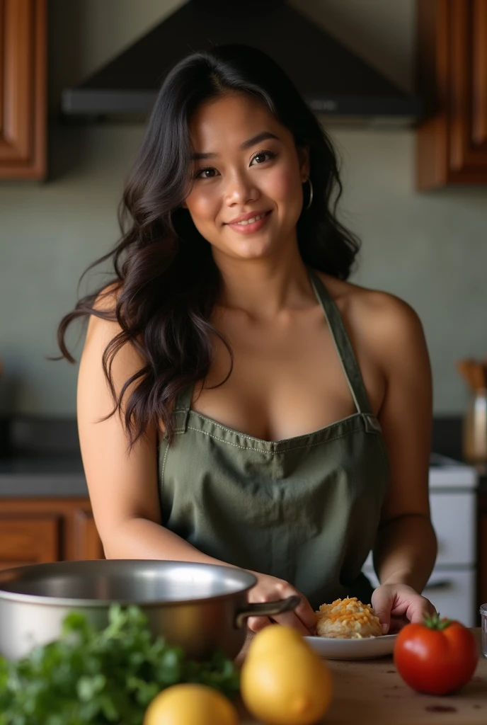 A beatiful indonesian woman, slightly plump, only wearing an apron without shirt, is cooking in the kitchen. The kitchen atmosphere is a background detail. look at the viewer, natural light, realistic photography, wide angle shot.