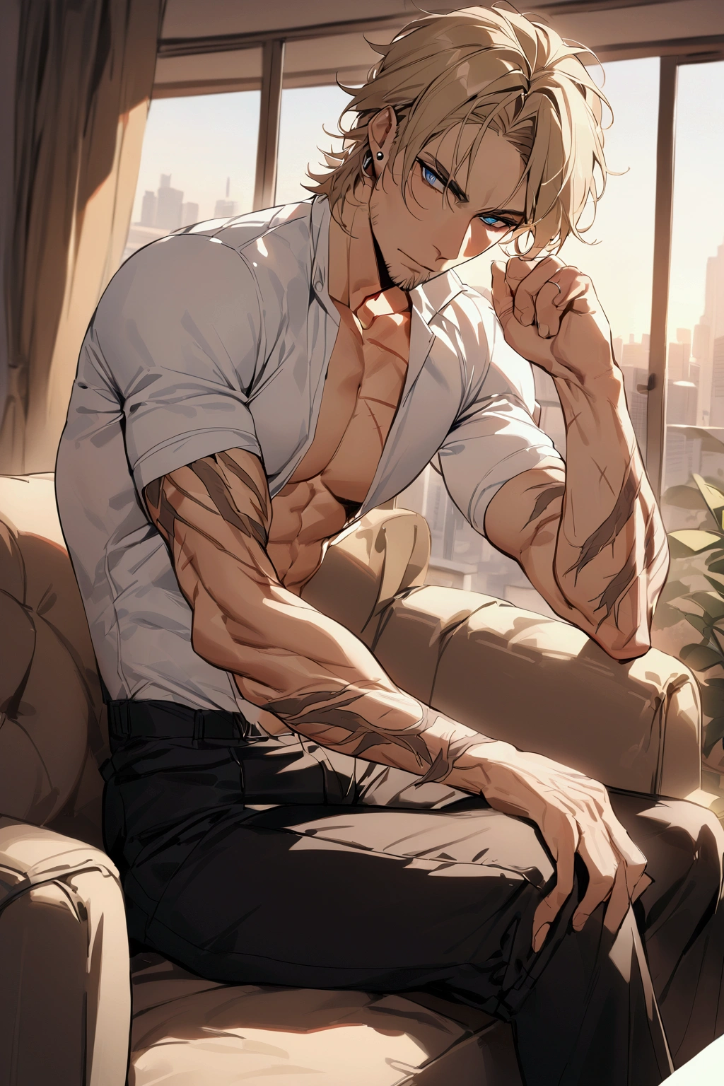 ((masterpiece, best quality)), highres, perfect anatomy, (Male body), DILF, ruggedly 40-years-old man, (Toned body), (Fair skin), dirty blonde hair, (combed back medium hair), piercing blue eyes, additional features, (has scars on arms), gentle stoic expression, ((wearing white shirt and black trousers)), sitting on couch, living room, looking towards viewer, (Apartment background), (warm evening light)