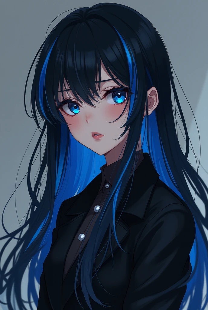 Black haired anime girl with blue streaks wearing a long sleeved black jacket