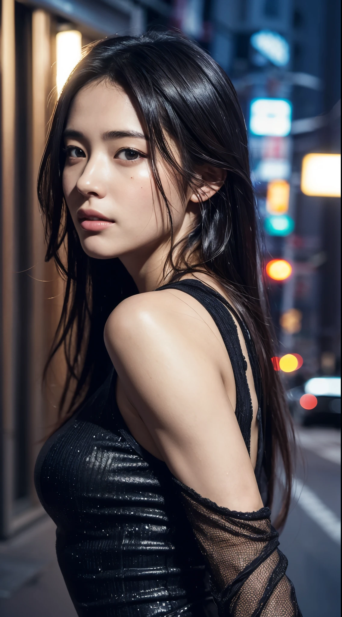 Black see-through dress with exposed shoulders, dark city night view, (Photoreal:1.4)、(hyper realistic:1.4)、(realistic:1.3)、(soft lighting:1.05)、(Cinema lightingQuality improvement:0.9)、32K、1 girl、21 year old beauty、night portrait、ray tracing、(Quality improvement:1.4)、(Top quality real textured skin:1.4)、finely tuned、detailed face、good eyes、(Improves the beauty of skin texture.:1.1)、realistic skin texture, Ayaka Miyoshi, tired face, A slightly smiling face. :1.1
