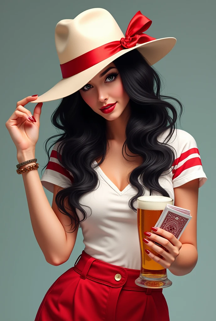 brunette woman long wavy black hair, aside, wearing a Panama white hat that almost covers his face with a red ribbon, wearing a white and red striped shirt casual short sleeve, holding a glass of beer and a deck of cards, wearing full-length red pants