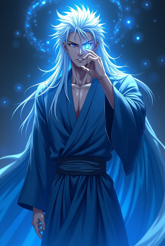 gojo satoru from jujutsu kaisen drawing with only the shade of color blue for the artwork no other colors, with a calm unique divine pose showcasing and emphasizing his eyes. one of his hand on his eye(six eyes) (male white hair)