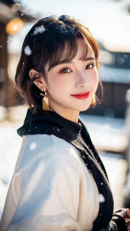 (1 girl, youthful gorgeous Lady, brown_eyes, brown_hair, cross_earrings, earrings, jewellery, Ancient China, Traditional Hanfu, White Hanfu, Hanfu, natural pose in a snowy night,
Detailed Beautiful face, Detailed Facial Features, dimples, Kind smile, Red lips, short hair, bob hair, cute ponytail, extremely detailed eyes, extremely detailed face, beautiful detailed lips, long eyelashes, arms close together, ears out, golden ratio face, golden ratio body, perfect body anatomy, huge , big breOW:1.3),
Night outdoors, snow flakes, snow, winter,
(best quality, 4K, 8k, highres, masterpiece:1.2), ultra-detailed, (realistic, photorealistic, photo-realistic:1.37), HDR, UHD, sun light, ultra-fine painting, sharp focus, physically-based rendering, extreme detail description, professional, vivid colors, award-winning, bokeh, cowboy_shot, SFW, Safe for Work)