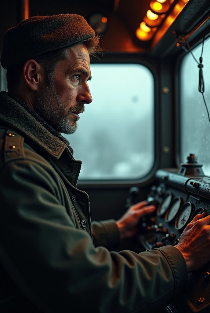 masterpiece, best quality,Soviet man,Steam locomotive cockpit,Looking up,World War II,About to travel,dimly lit scene,Dim Lights,Snow